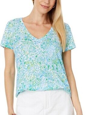 Lilly Pulitzer Etta V-Neck Top Tee Shirt Hydra Blue Dandy Lions Small